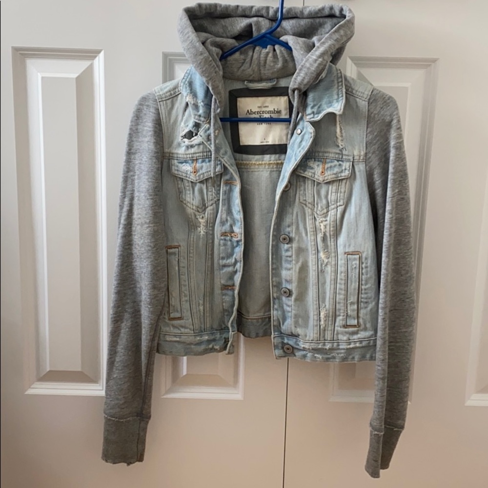 Denim jacket with sweatshirt like sleeves/hood